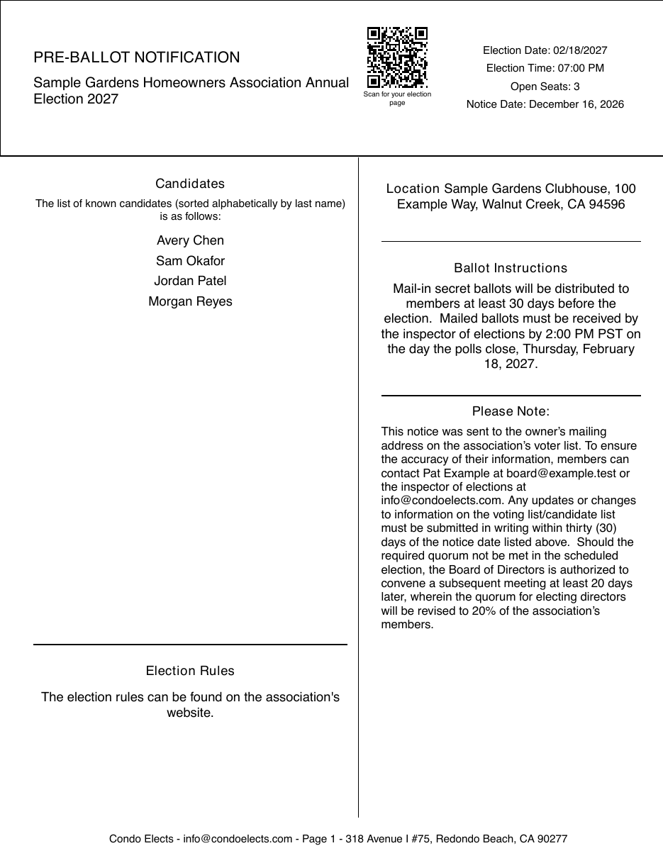 Sample pre-ballot notification: candidates, election date and time, open seats, a QR code for the election page, location, ballot instructions, election rules, and how members correct the voter list.